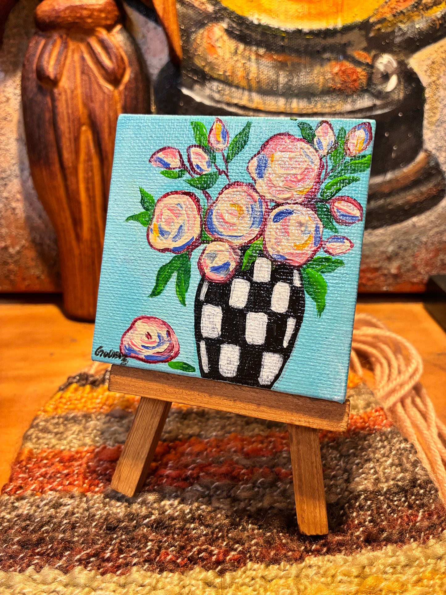 Pink blossom, hand-painted mini floral canvas