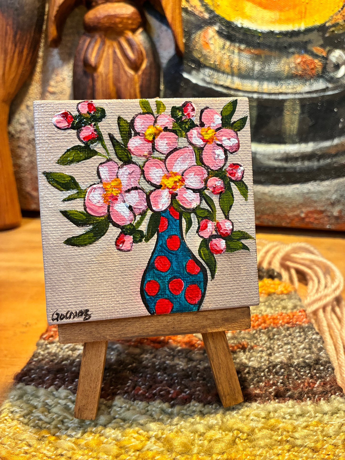 Pink blossom, hand-painted mini floral canvas