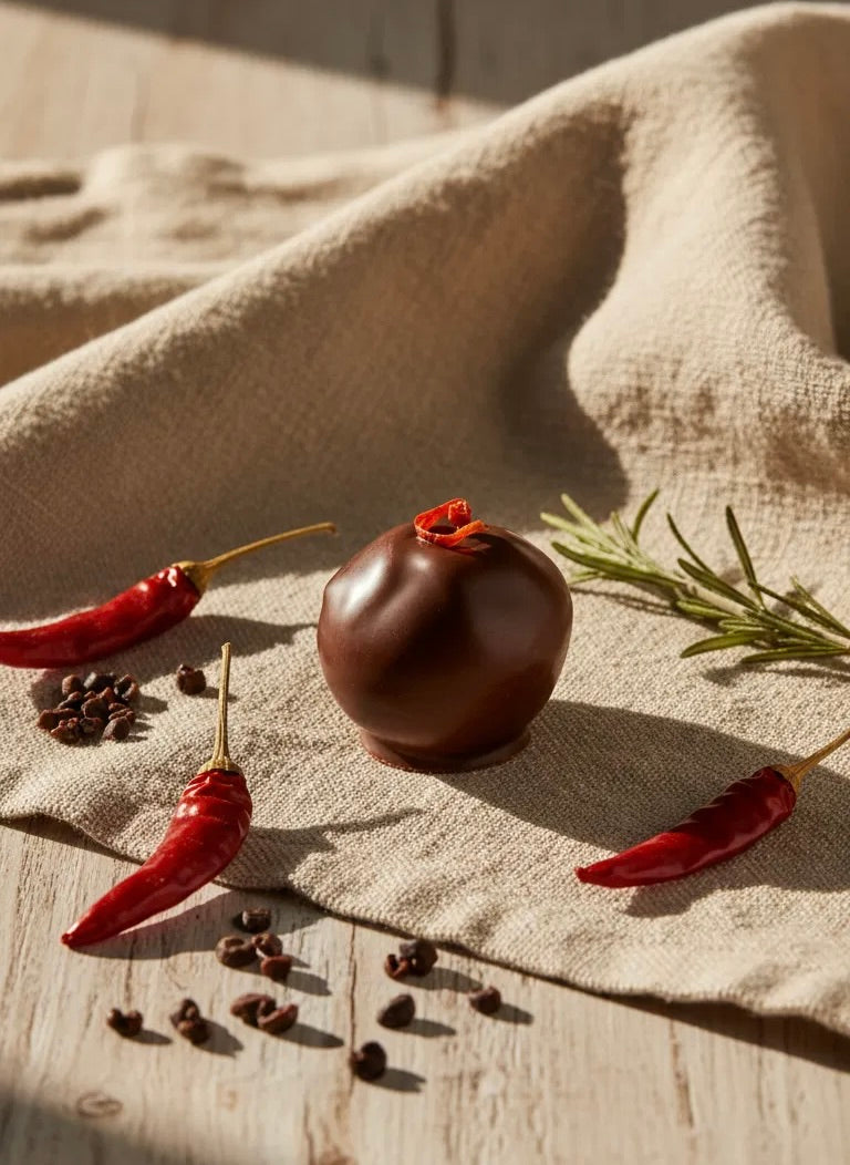 Dark chocolate truffle with red chili garnish, surrounded by whole chilies, cacao nibs, and rosemary on linen.