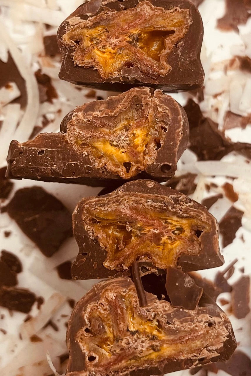 Four dark chocolate-coated banana pieces, cut open to reveal golden fruit, on a bed of coconut flakes.
