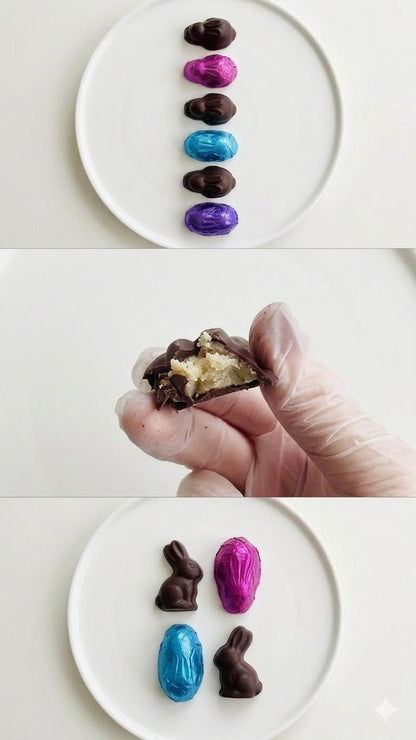 Dark chocolate Easter bunnies, some unwrapped, some in colorful foil, on a white plate.