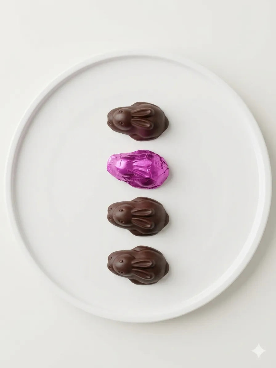 Four dark chocolate Easter bunnies on a white oval plate, one wrapped in vibrant purple foil.