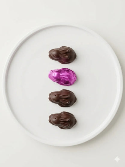 Four dark chocolate Easter bunnies on a white oval plate, one wrapped in vibrant purple foil.