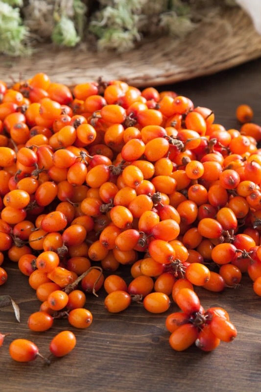 Pile of vibrant orange sea buckthorn berries on a dark wooden surface.